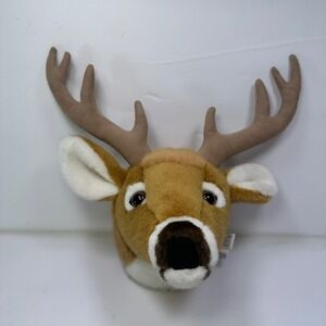 Plush White Tail Deer Head Wall Mount Antlers Stuffed Animal Decor Rustic Woods
